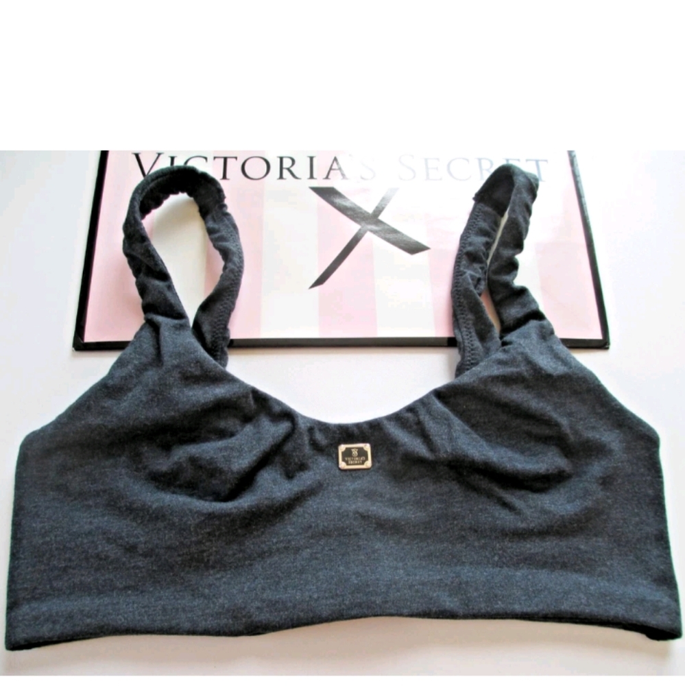 VICTORIA'S SECRET Cotton Bralette XS Wireless VS Hardware Patch Heather Charcoal